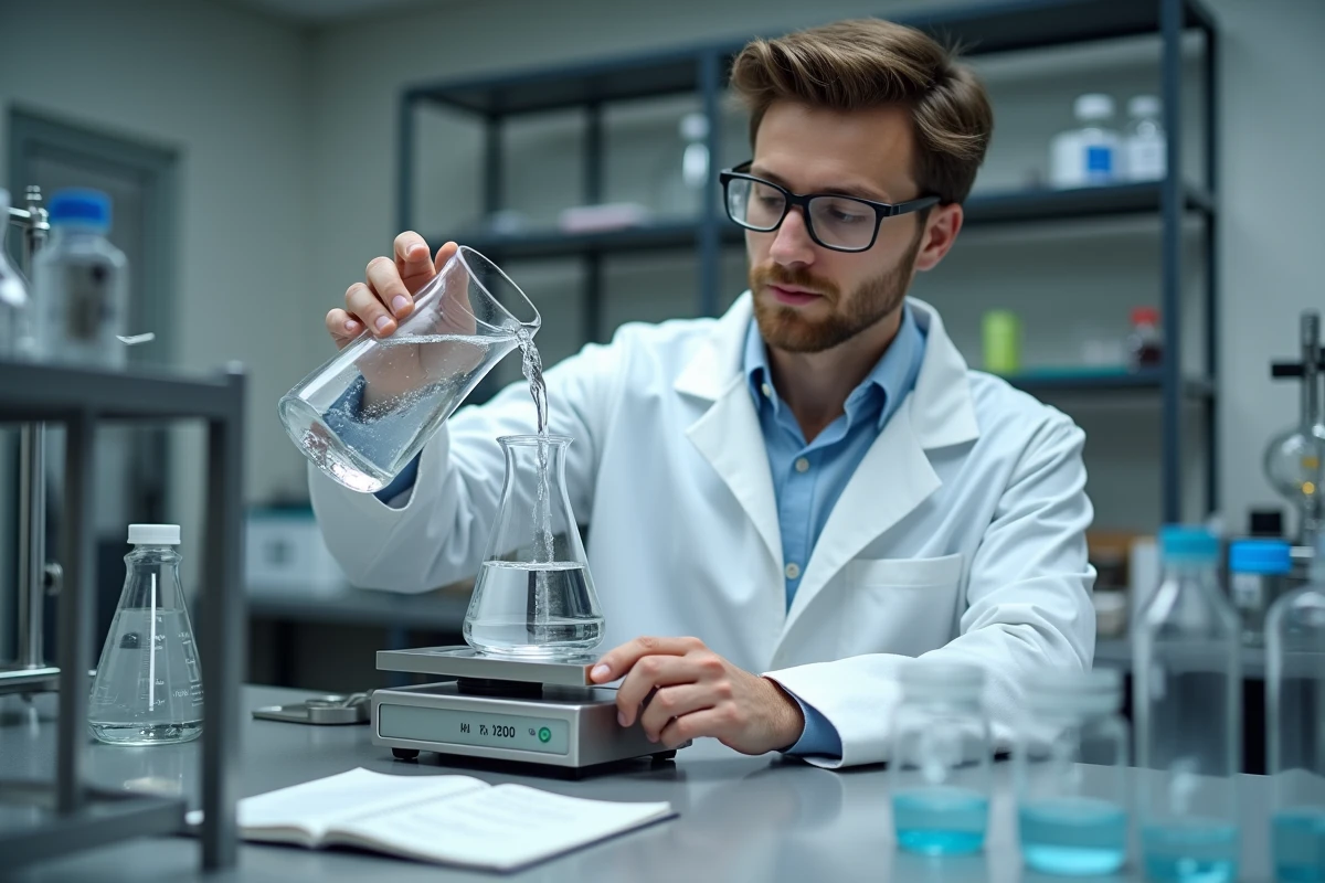 Chercheur en blouse blanche versant de l'eau distillée d'une fiole volumétrique d'un litre dans une balance analytique en laboratoire scientifique
