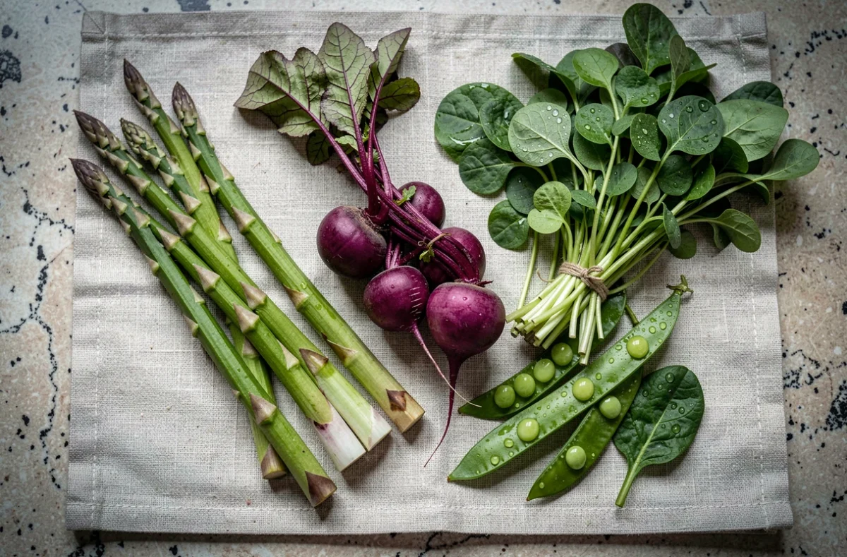 Vue du dessus de légumes de saison d'avril fraîchement récoltés comme des asperges, radis et épinards posés sur un tissu en lin brut