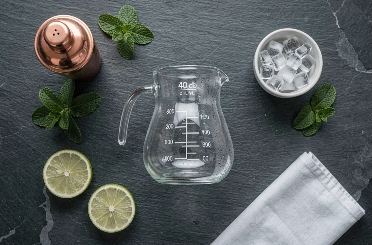 Vue du dessus d'un verre doseur de 40 cl entouré d'accessoires de cocktail sur une ardoise, organisation professionnelle pour doser les ingrédients