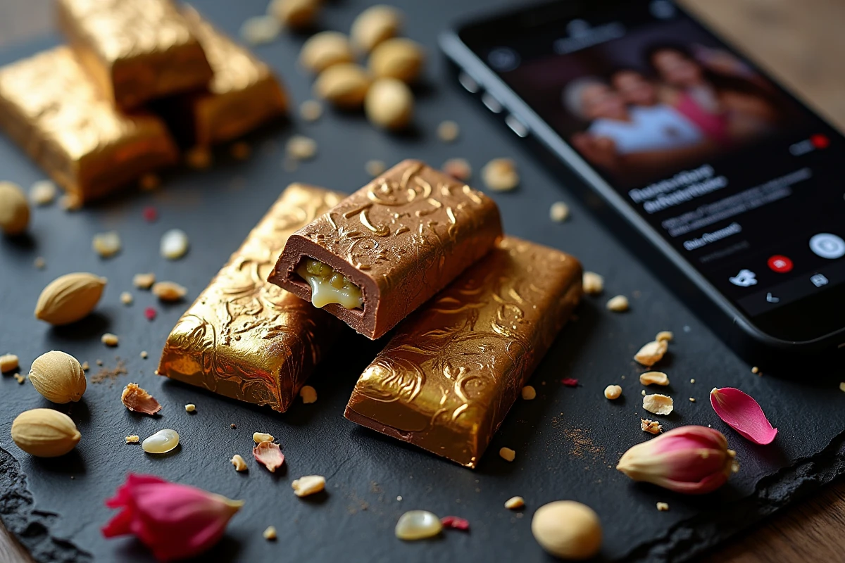 Flatlay de chocolats Dubaï avec emballage doré, garniture pistache et smartphone affichant TikTok sur fond ardoise