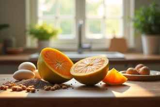 Fruit exotique coupé en deux sur une table en bois avec ingrédients sains