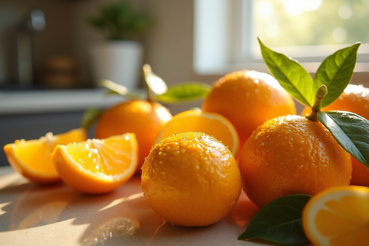 Gros plan sur fruits tropicaux lavés comme tangelos et tamarinds dans une cuisine moderne