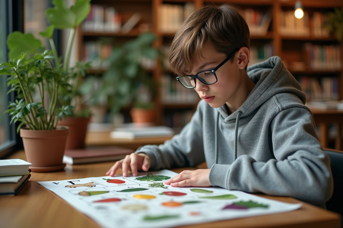 Adolescent regardant poster de légumes dans une bibliothèque