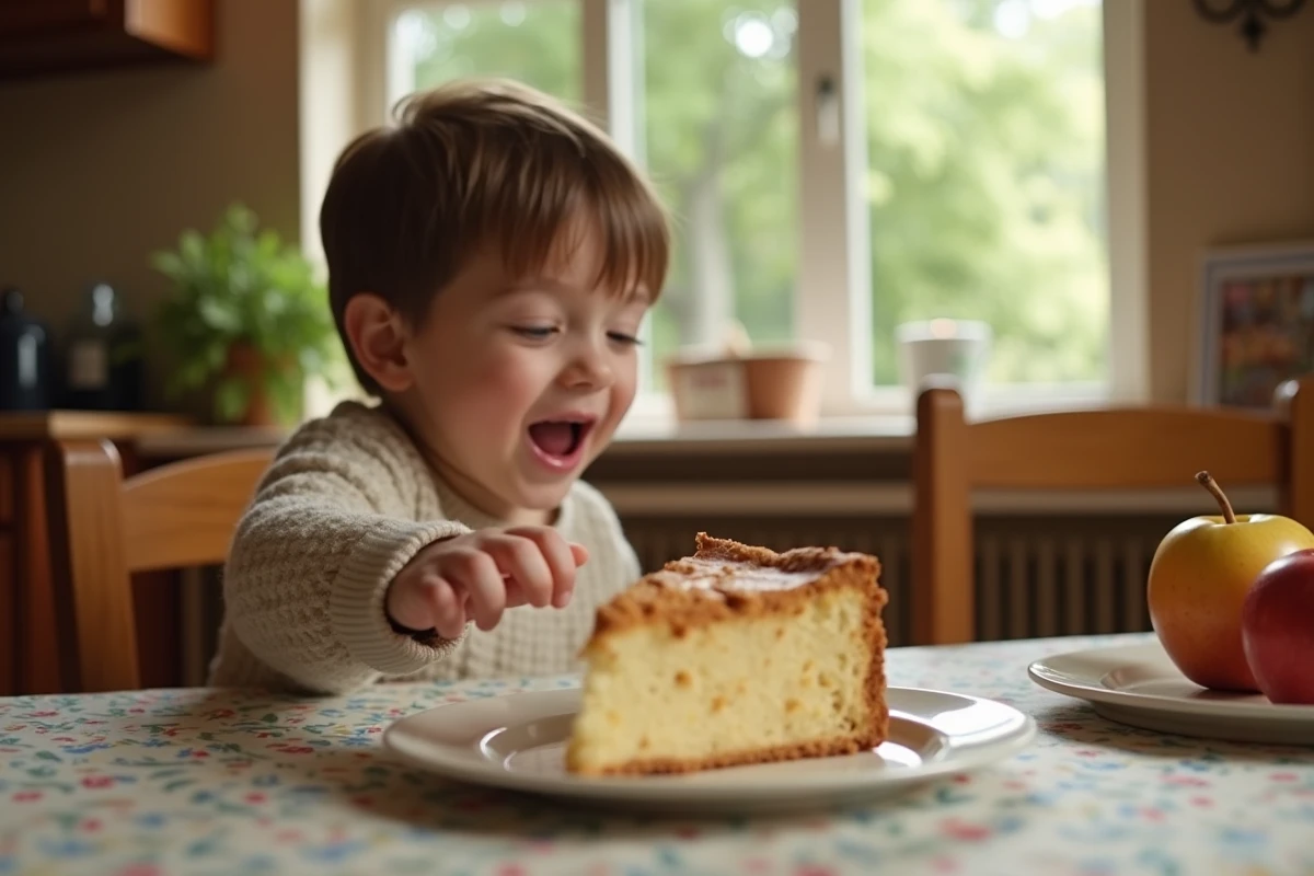 Jeune garçon atteignant une part de gâteau aux pommes