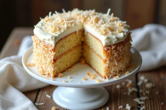 Gâteau de noix de coco fait maison posé sur un présentoir blanc avec garniture de noix de coco râpée grillée, sur une table en bois rustique