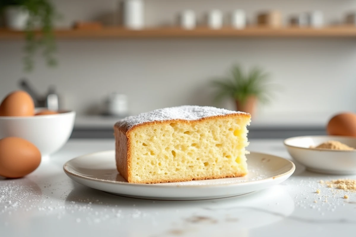 Gâteau léger aux œufs avec peu de sucre posé sur une assiette en céramique blanche dans une cuisine moderne