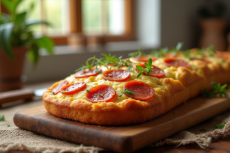 Gâteau salé au chorizo et feta sur planche en bois