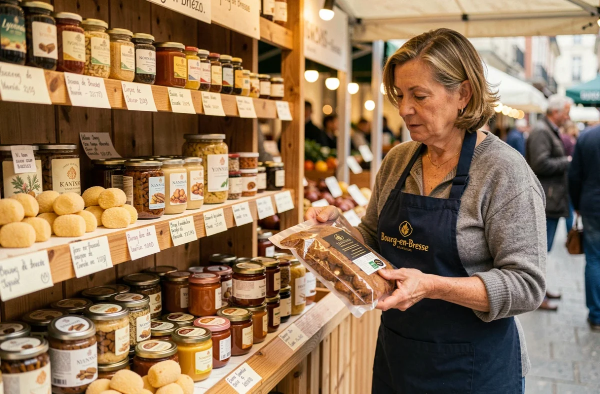 Étal de quenelles lyonnaises et spécialités Giraudet présentées dans une boutique artisanale à Bourg-en-Bresse