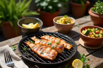 Grillades de poisson au barbecue accompagnées de taboulé, courgettes grillées et citron sur une terrasse en bois rustique
