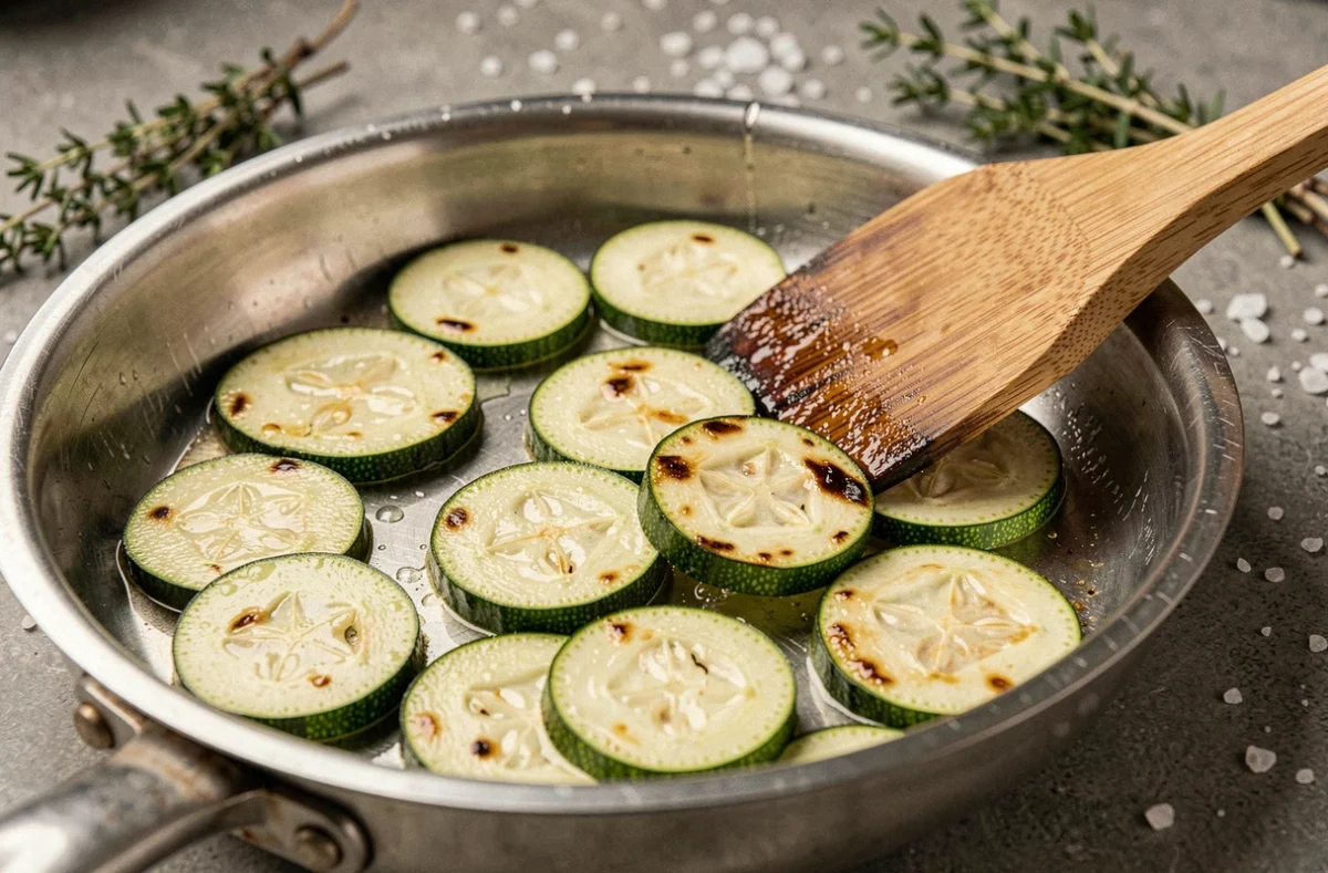 Gros plan sur des rondelles de courgettes croquantes en train de cuire dans une poêle avec une spatule en bois