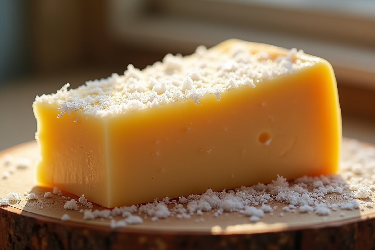 Gros plan sur un bloc de fromage avec givre sur une planche en bois