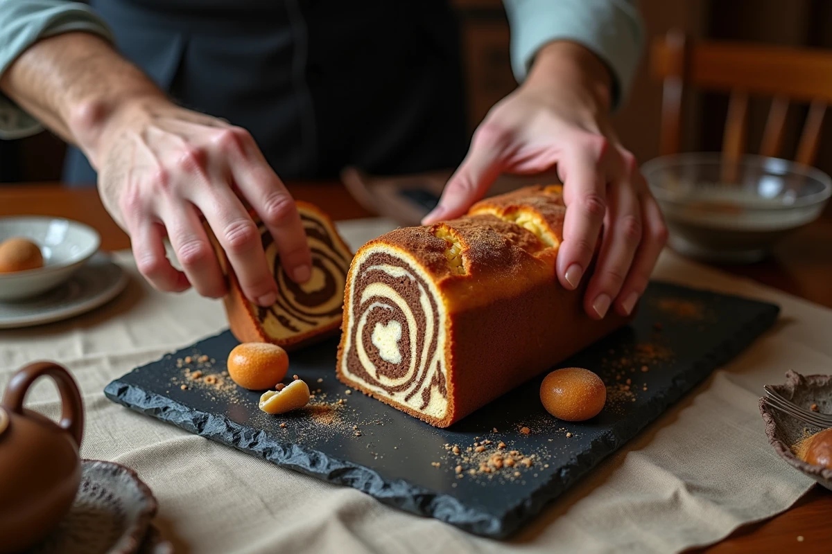 Gâteau marron en tranches avec mains et table rustique