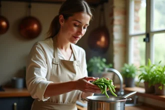Femme préparant des haricots verts frais dans une cocotte minute sur une cuisinière à gaz dans une cuisine chaleureuse