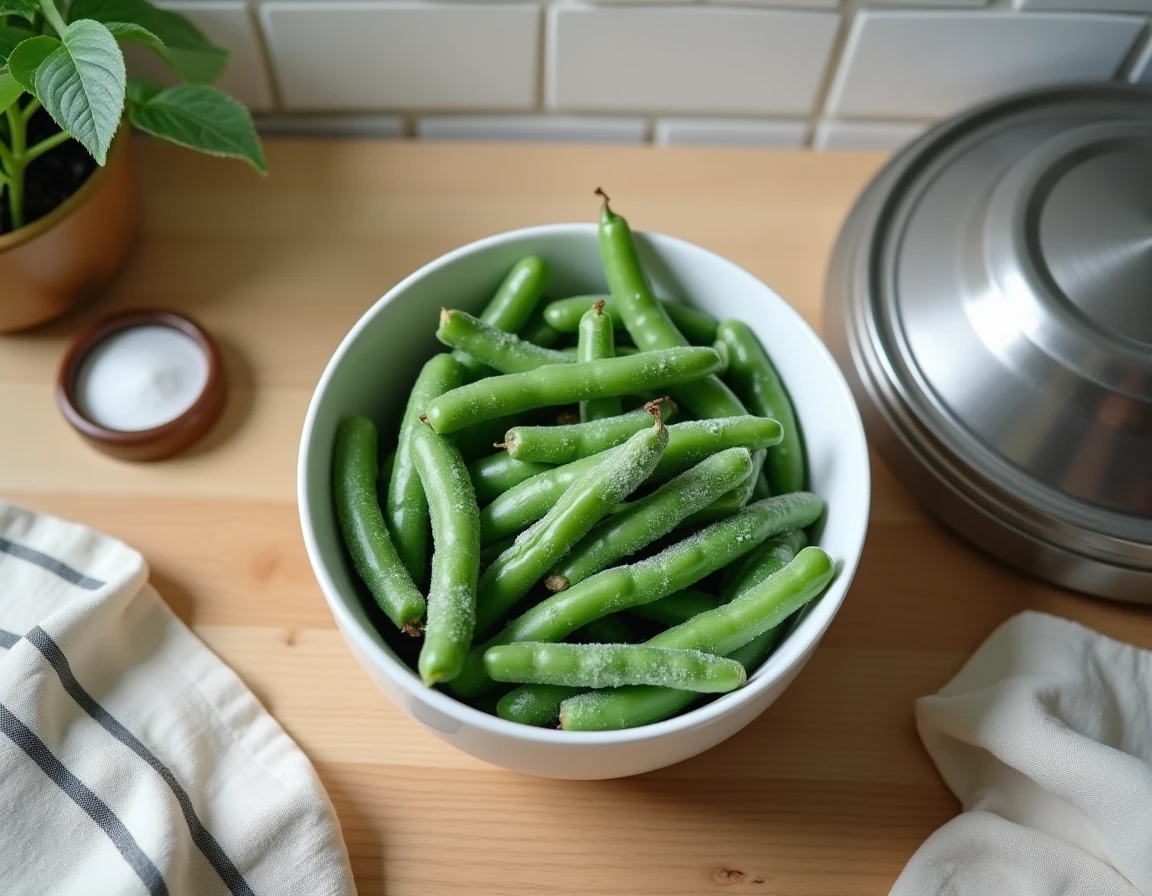 Comparaison entre haricots verts frais et surgelés posés près d'une cocotte minute sur une table en bois rustique