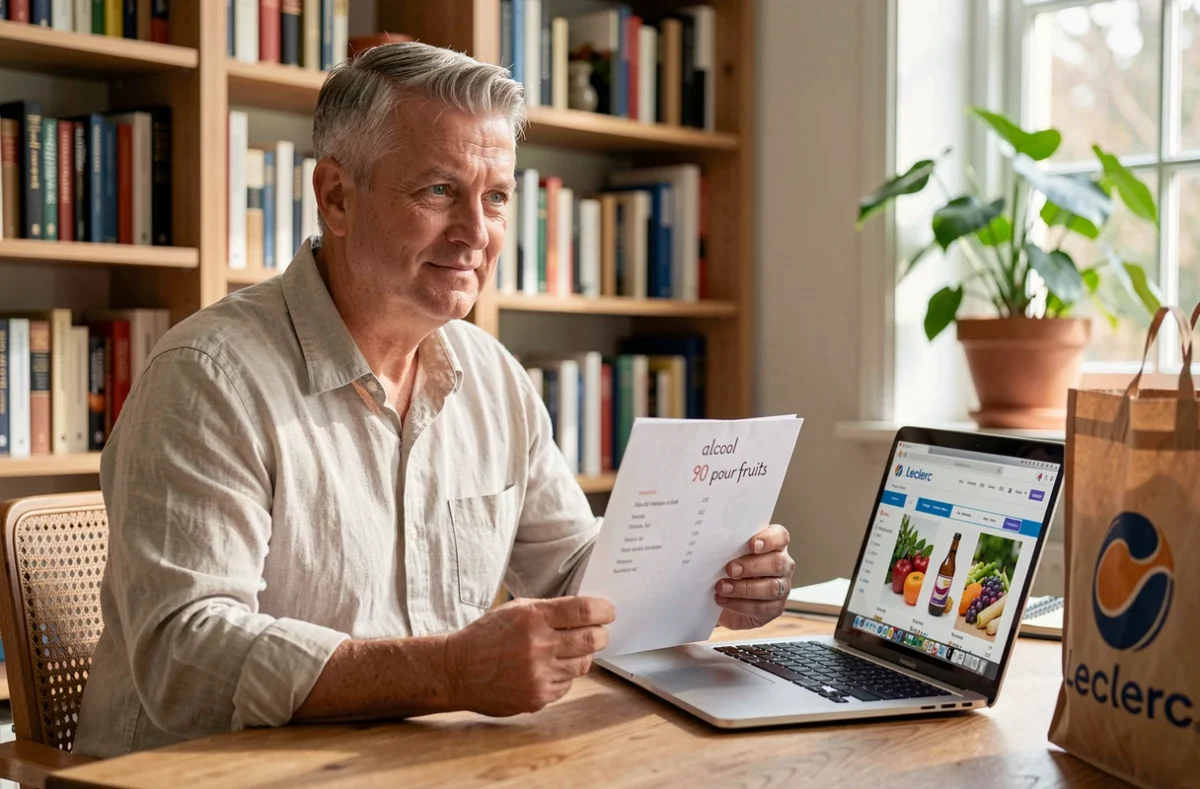 Homme consultant un site e-commerce pour acheter de l'alcool 90 pour fruits en ligne depuis son bureau