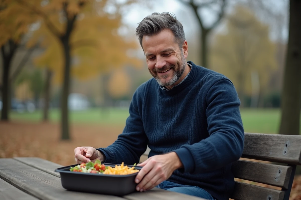 Homme ouvrant sa boîte repas isotherme dans un parc en automne