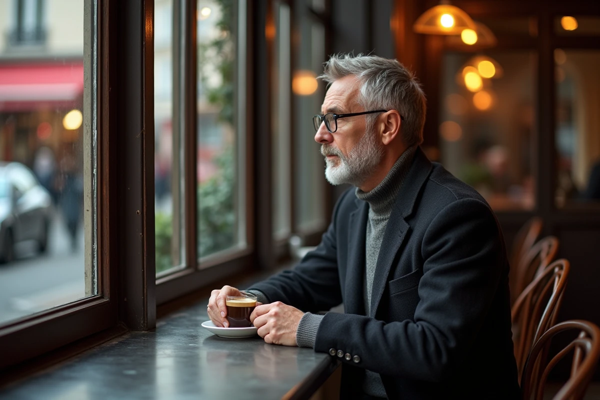 Homme pensif dégustant son espresso dans un café parisien