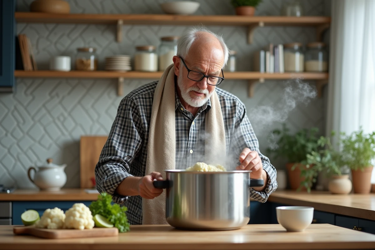 Homme âgé vérifiant le chou-fleur dans une cocotte en cuisine