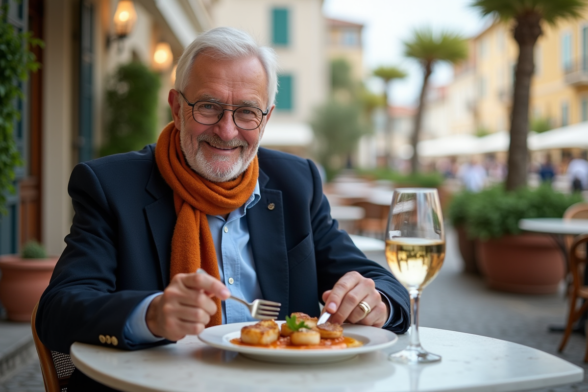 Homme d age dégustant coquilles Saint-Jacques en terrasse