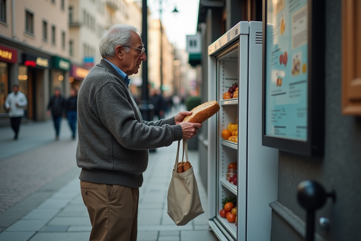 Homme âgé donnant des fruits et pain dans une rue urbaine