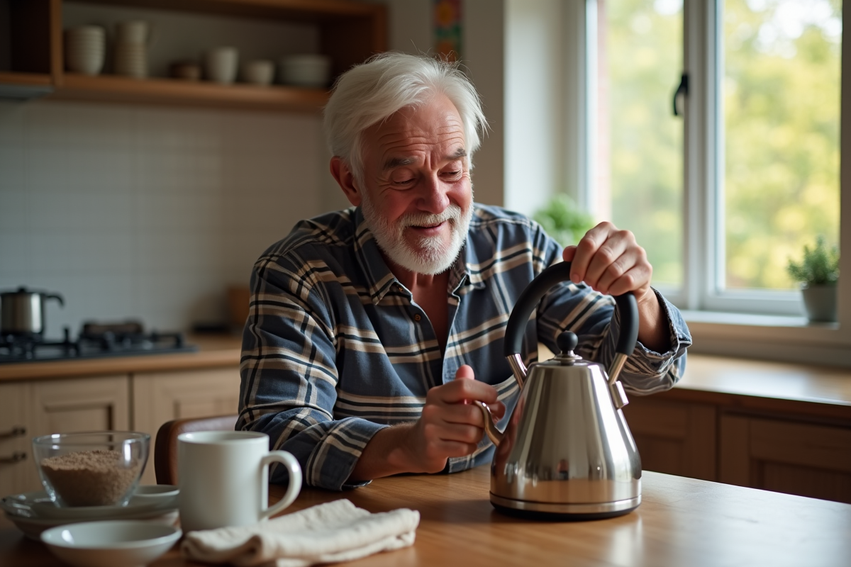 Homme âgé inspectant une bouilloire avec satisfaction