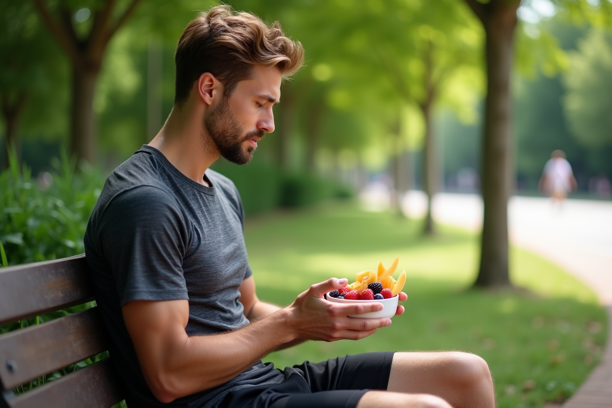 Jeune homme dégustant un bol de fruits dans un parc vert