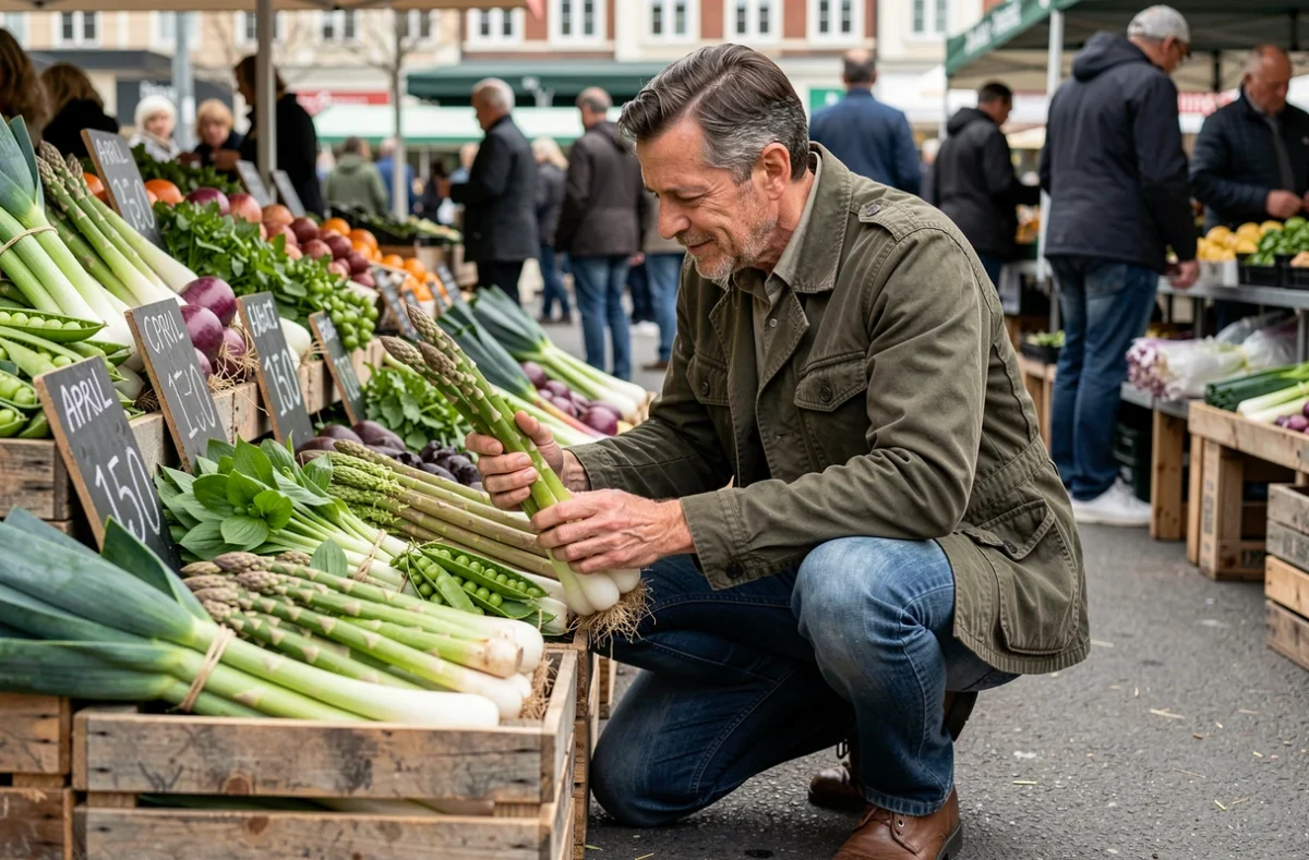 Homme choisissant des légumes de saison d'avril comme des asperges et des petits pois sur un marché de producteurs en plein air