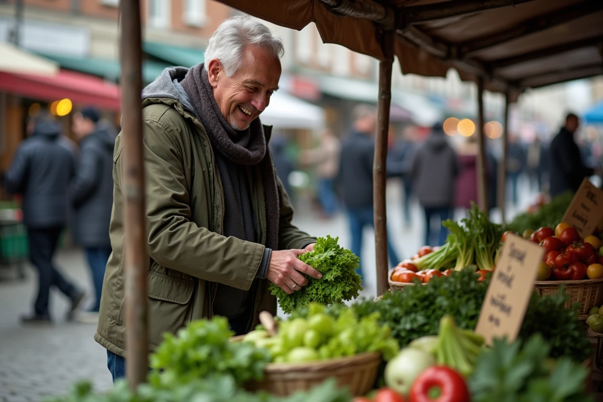 Homme choisissant des légumes frais au marché en plein air