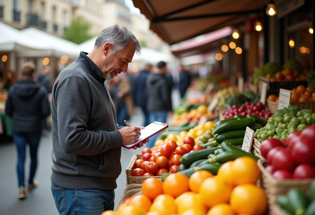Homme au marché avec fruits et légumes rares Z
