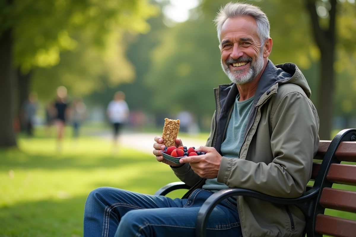 Homme détendu avec barre de granola dans un parc vert