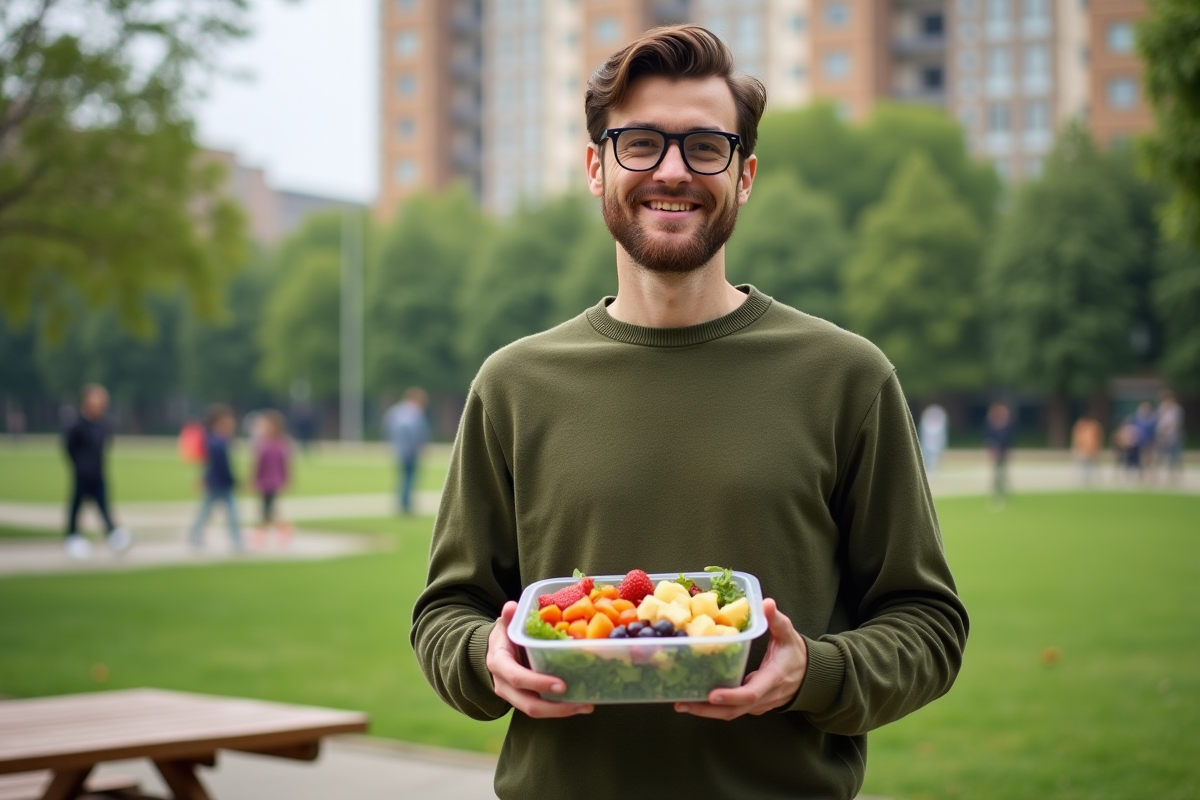 Homme dans un parc urbain tenant une boîte repas équilibrée
