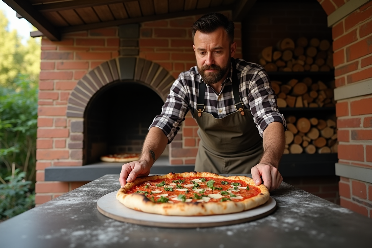 Homme plaçant la pizza dans un four extérieur en pierre