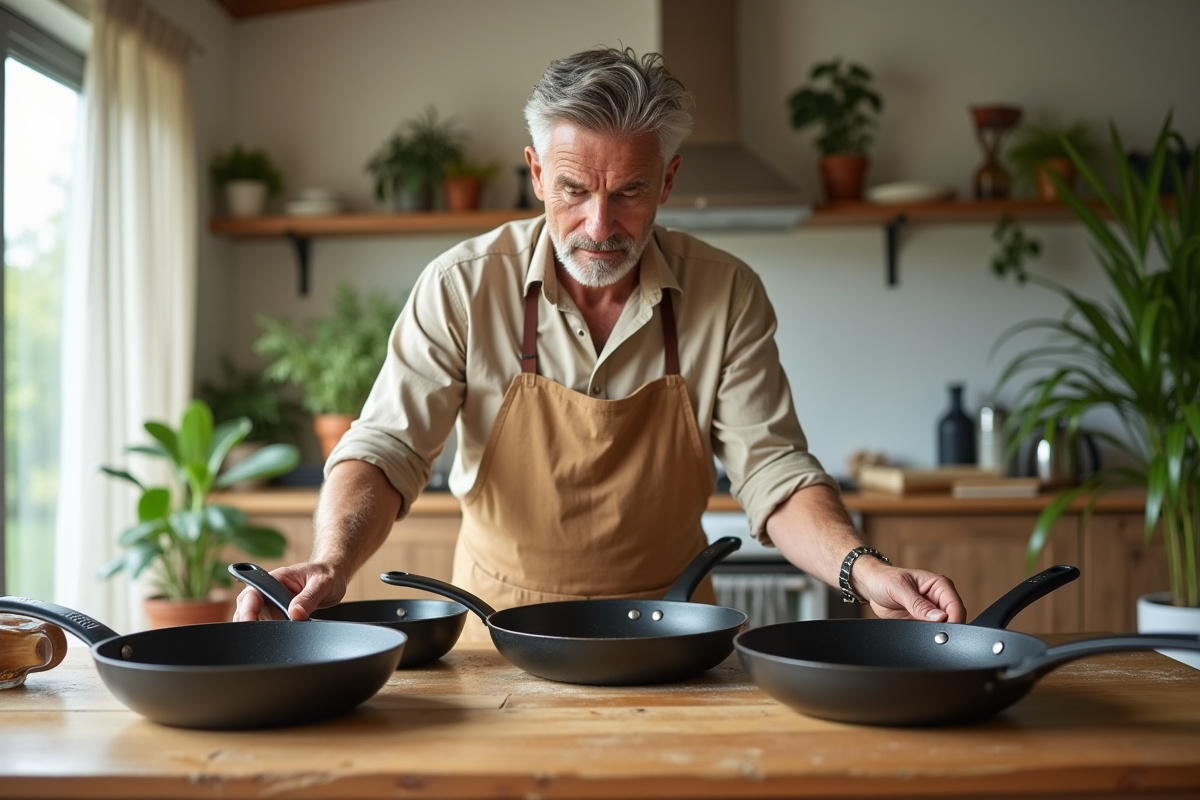 Homme disposant des poêles saines sur la table en intérieur