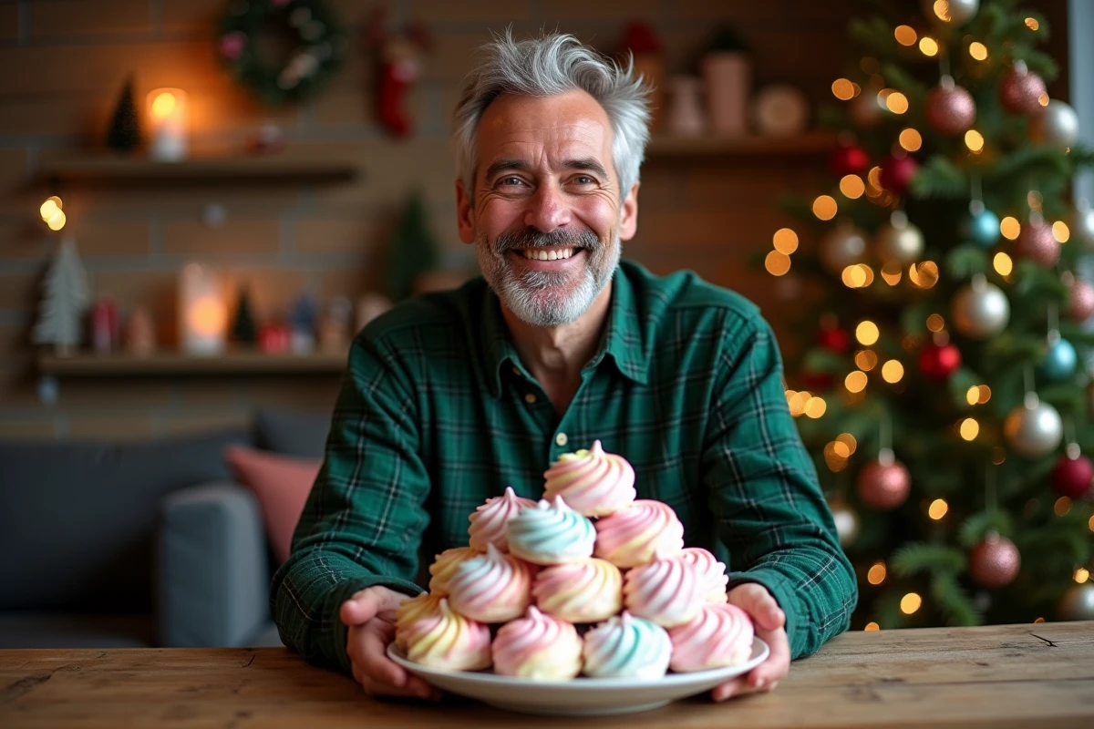 Homme souriant présentant un plateau de meringues de Noël