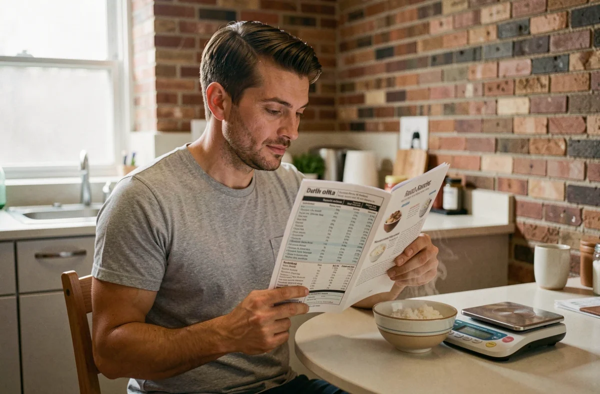 Homme consultant un guide nutritionnel sur les portions de riz avec une balance de cuisine et un bol de riz vapeur dans une cuisine urbaine