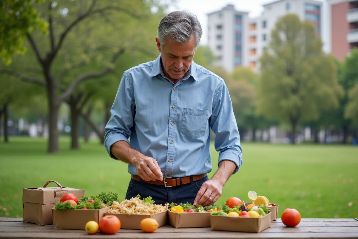 Homme préparant une lunchbox saine dans un parc urbain