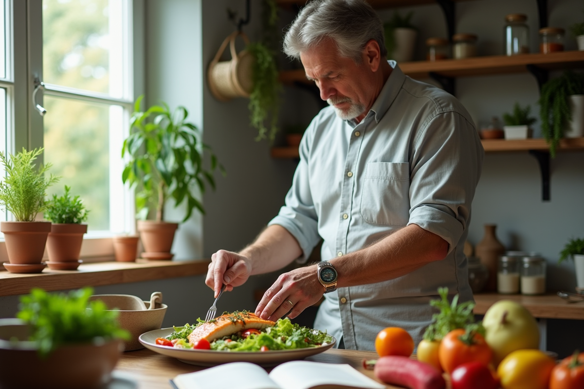 Homme préparant une salade saine avec du poisson grillé