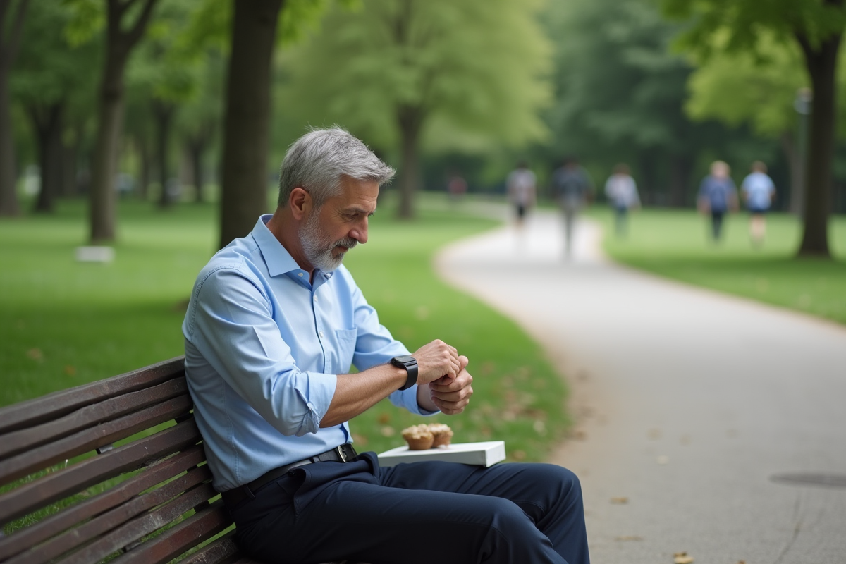 Homme assis dans un parc regardant sa montre connectée