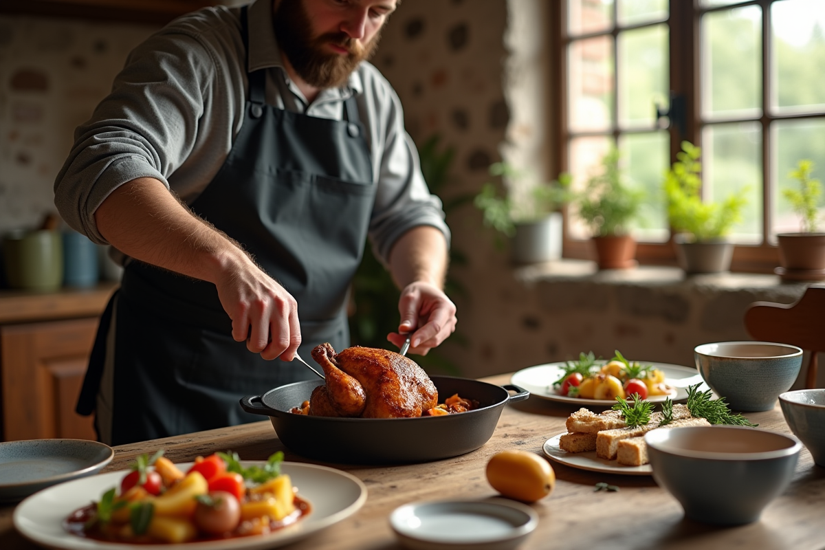 Homme en tablier servant un poulet rôti sur une table rustique