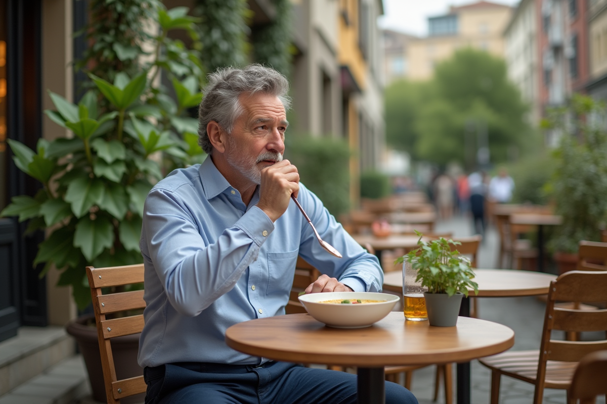 Homme dégustant une soupe dans un café en plein air
