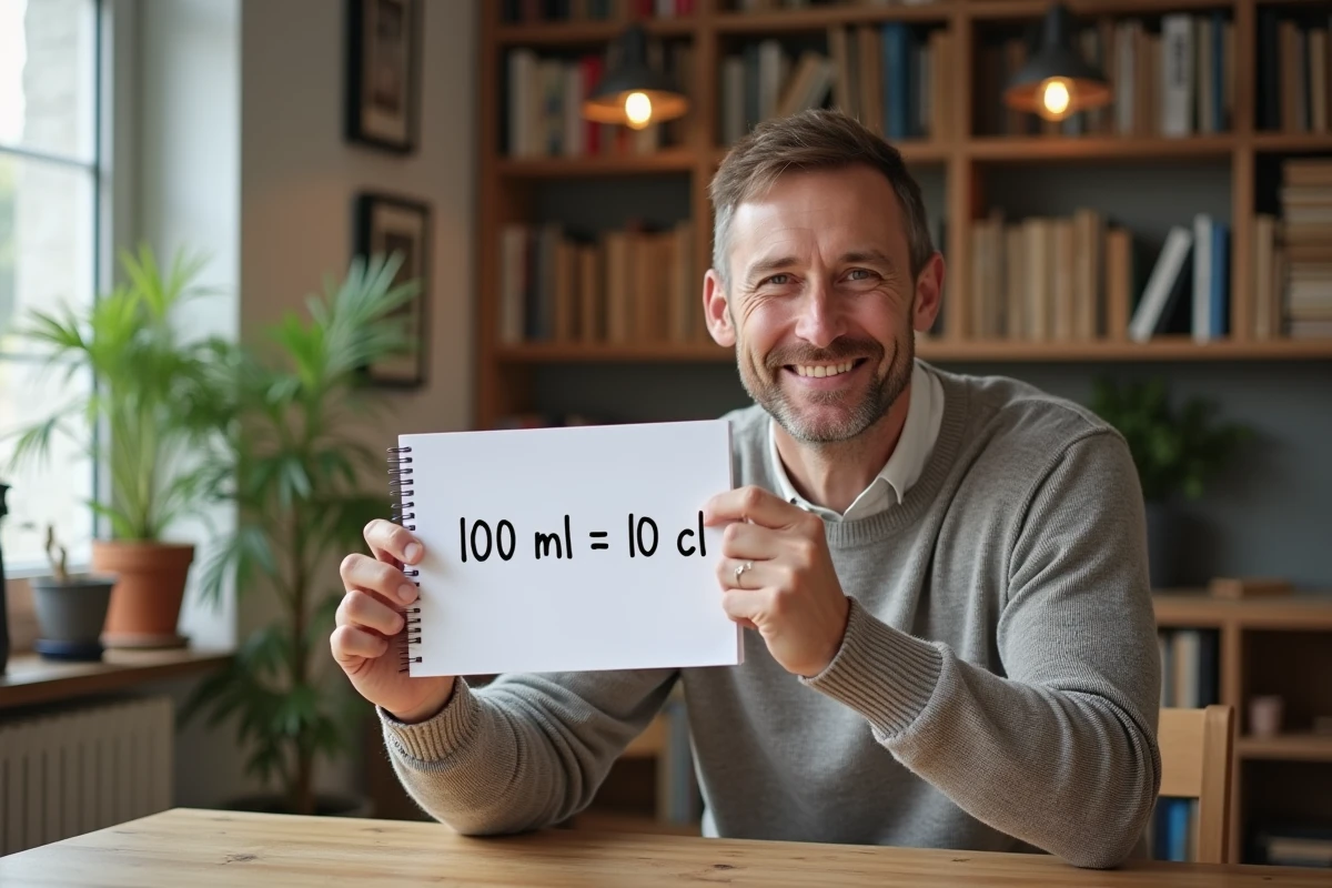 Homme souriant tenant un carnet avec une conversion d