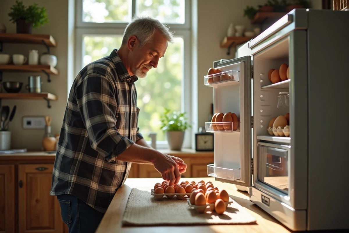 Homme triant des œufs dans une cuisine rustique