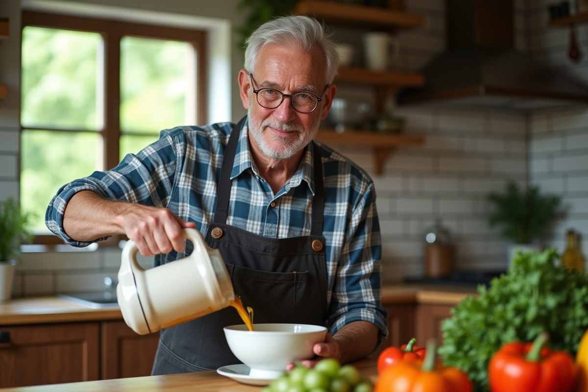 Homme âgé versant soupe de légumes dans un bol en céramique