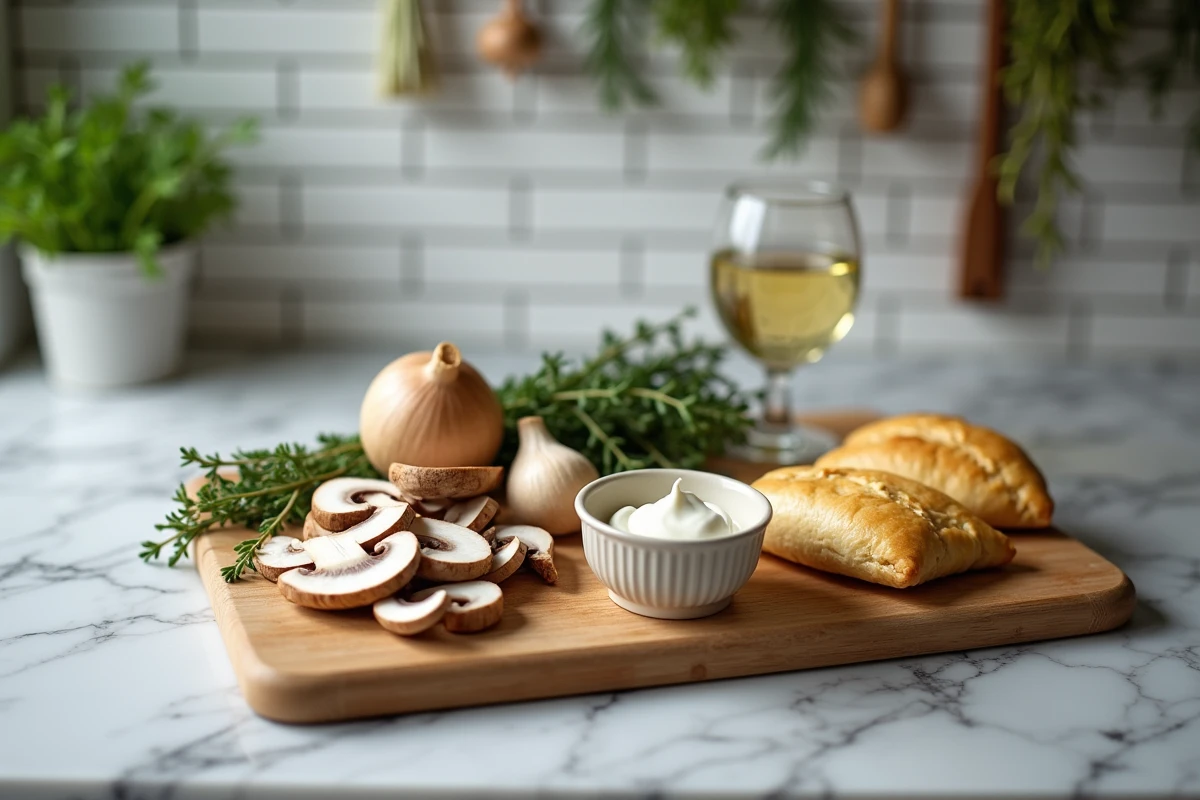 Ingrédients pour bouchées à la reine disposés sur une planche en bois : champignons, vin blanc, crème fraîche et pâte feuilletée