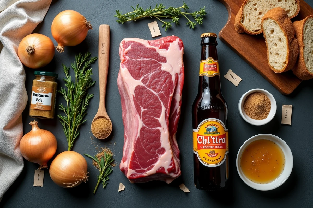 Ingrédients de la carbonnade flamande disposés en flat lay sur ardoise : morceaux de bœuf, bière ch'ti, oignons, moutarde à l'ancienne, thym et pain noir