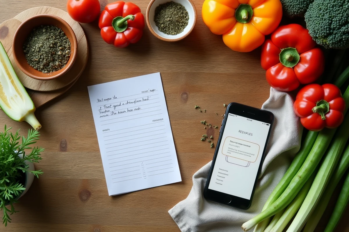 Mise en scène d'ingrédients frais et d'une fiche recette sur une table en bois pour illustrer la planification des repas avec MYN Idee