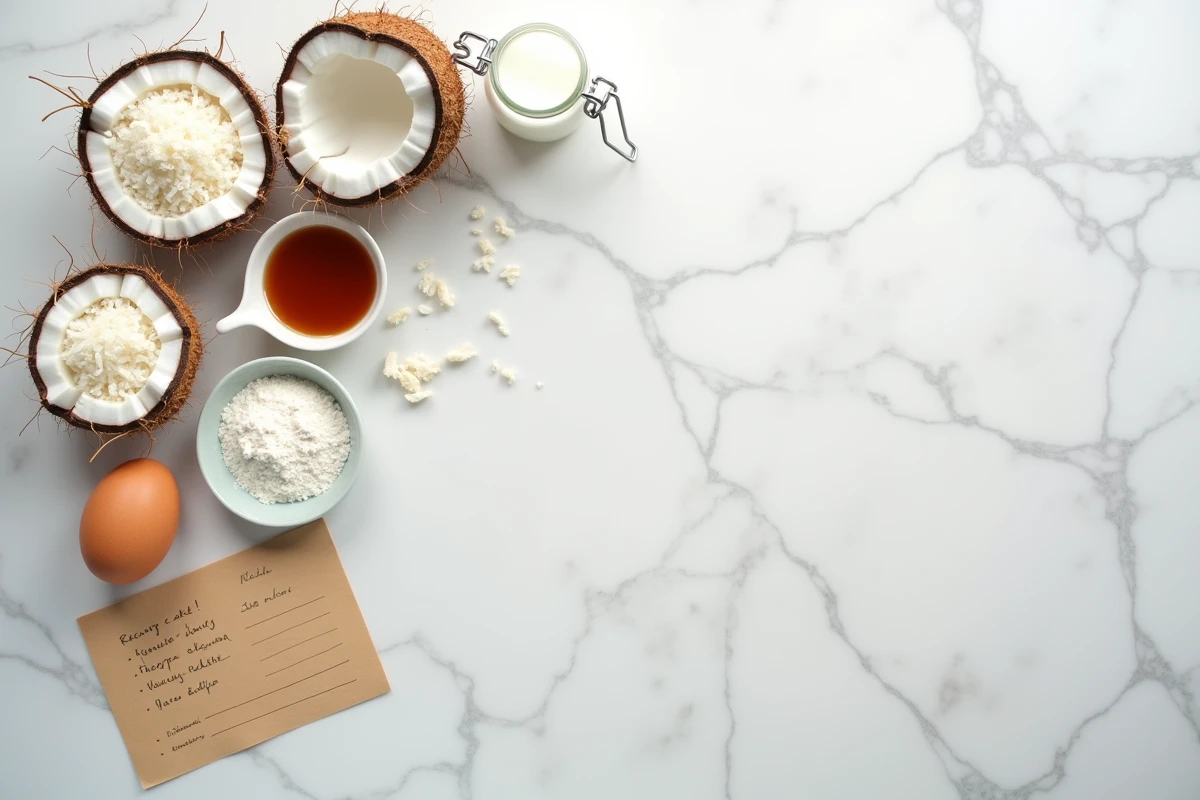 Vue de dessus des ingrédients pour gâteau à la noix de coco disposés sur marbre blanc : noix de coco, œufs, farine, lait de coco et fiche recette manuscrite