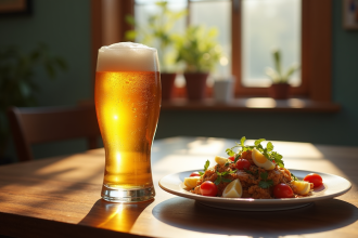 Verre de IPA rafraîchissante avec plat gourmand sur table en bois