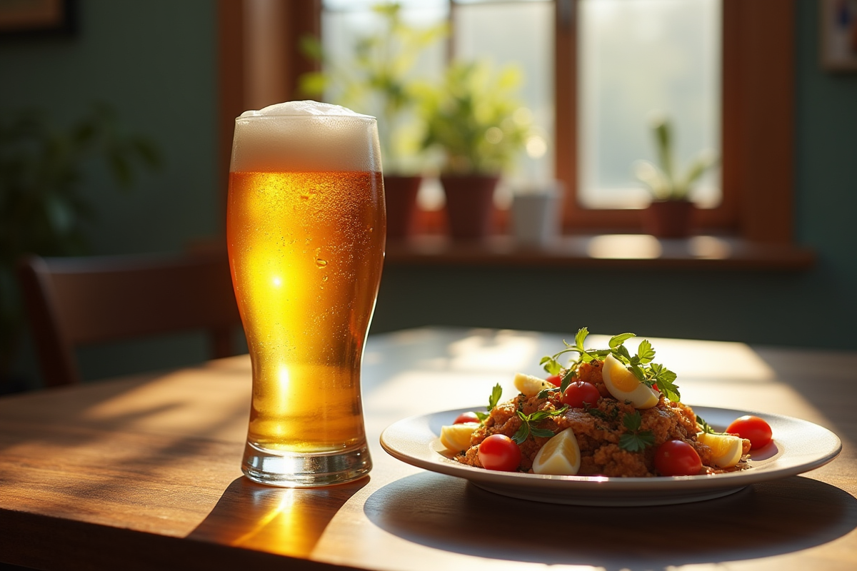 Verre de IPA rafraîchissante avec plat gourmand sur table en bois
