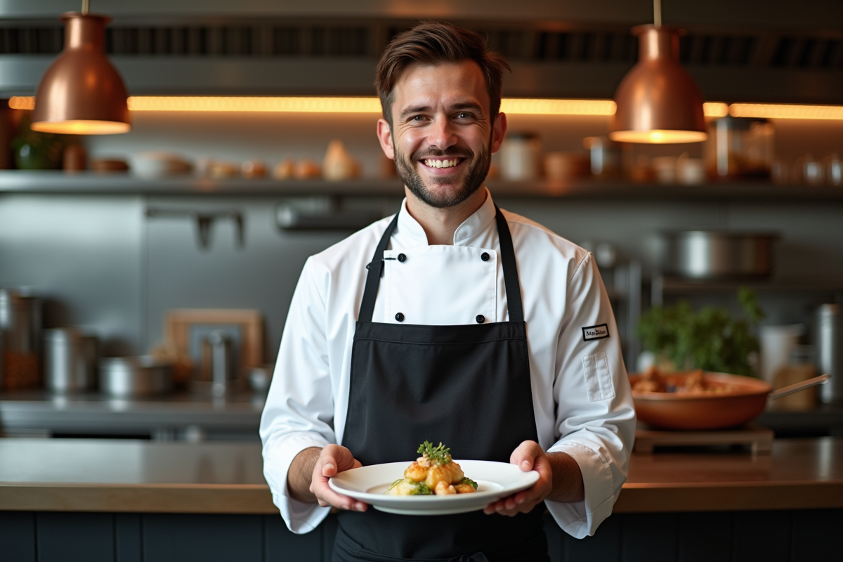 Jeune chef en cuisine moderne étoilée avec plat raffine